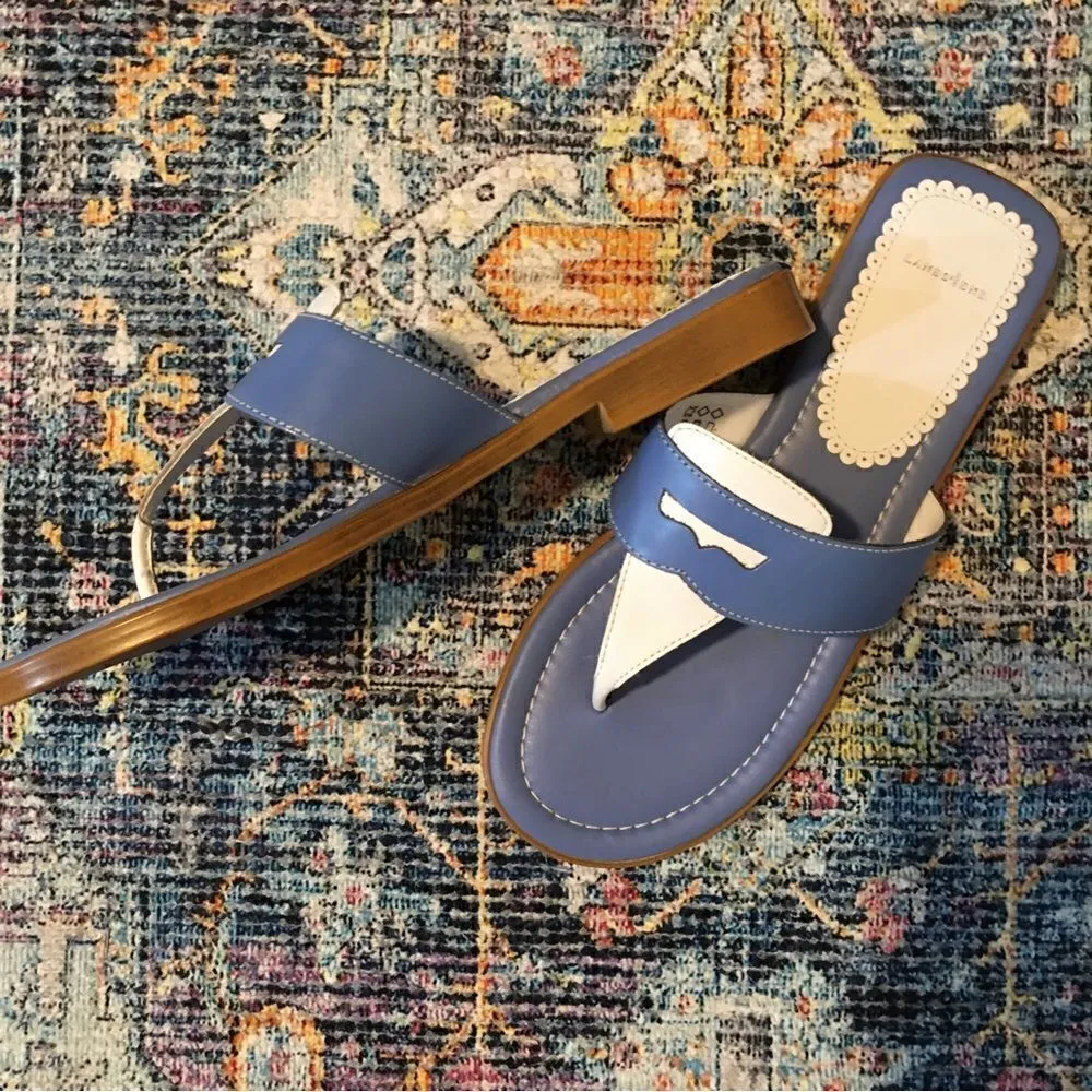 Lands End Blue & White Dressy Flip Flop Sandals - Image 9