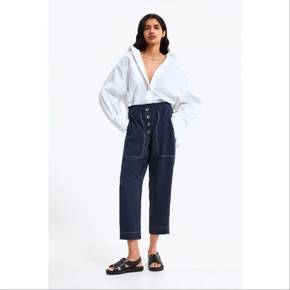 Zara Slouchy‎ Paper Bag High Waist Crop Pants Navy Blue XS - Image 12