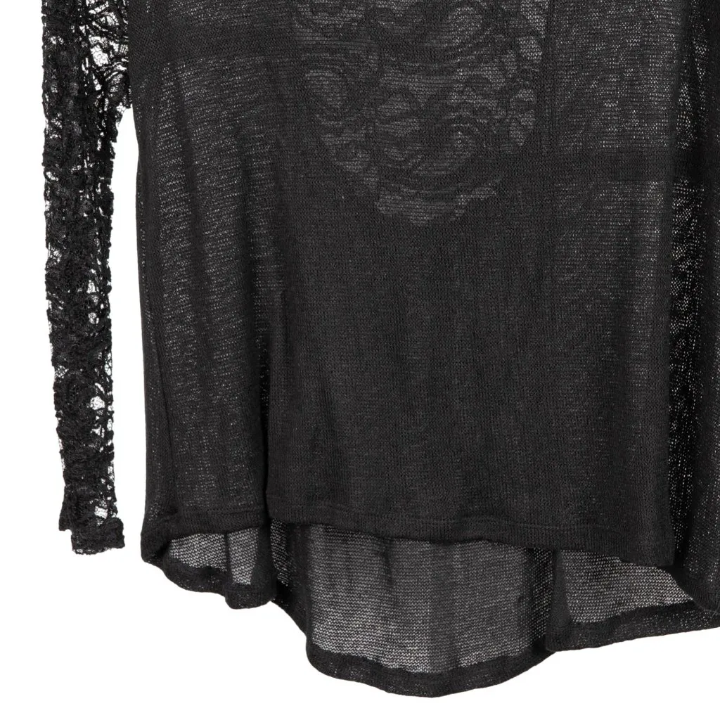 Sheer Lace Shirt XL Black Long Sleeve Top Elegant Boho Whimsigoth Hi-Low Fairy - Image 3