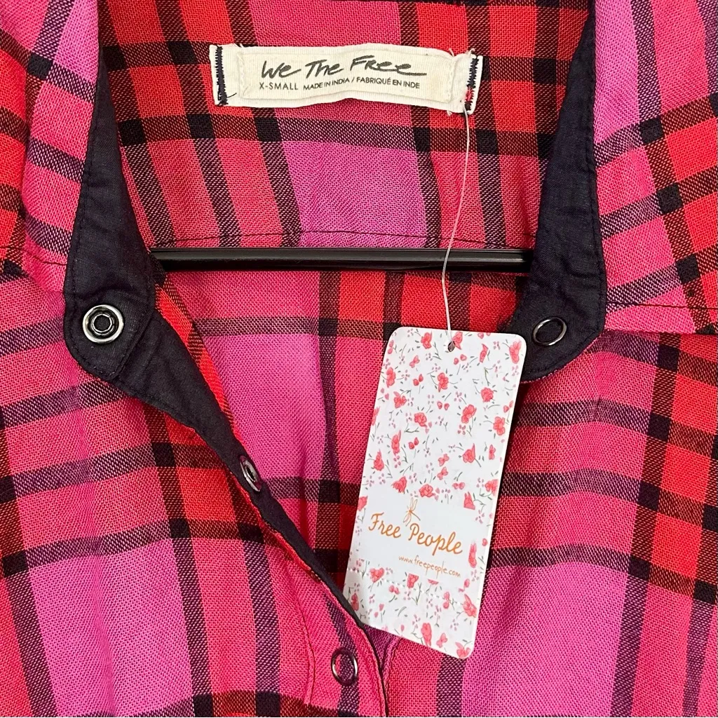 NWT Free People Pacific Dawn Red and Pink Plaid Button-Down Shirt Size: XS - Image 4