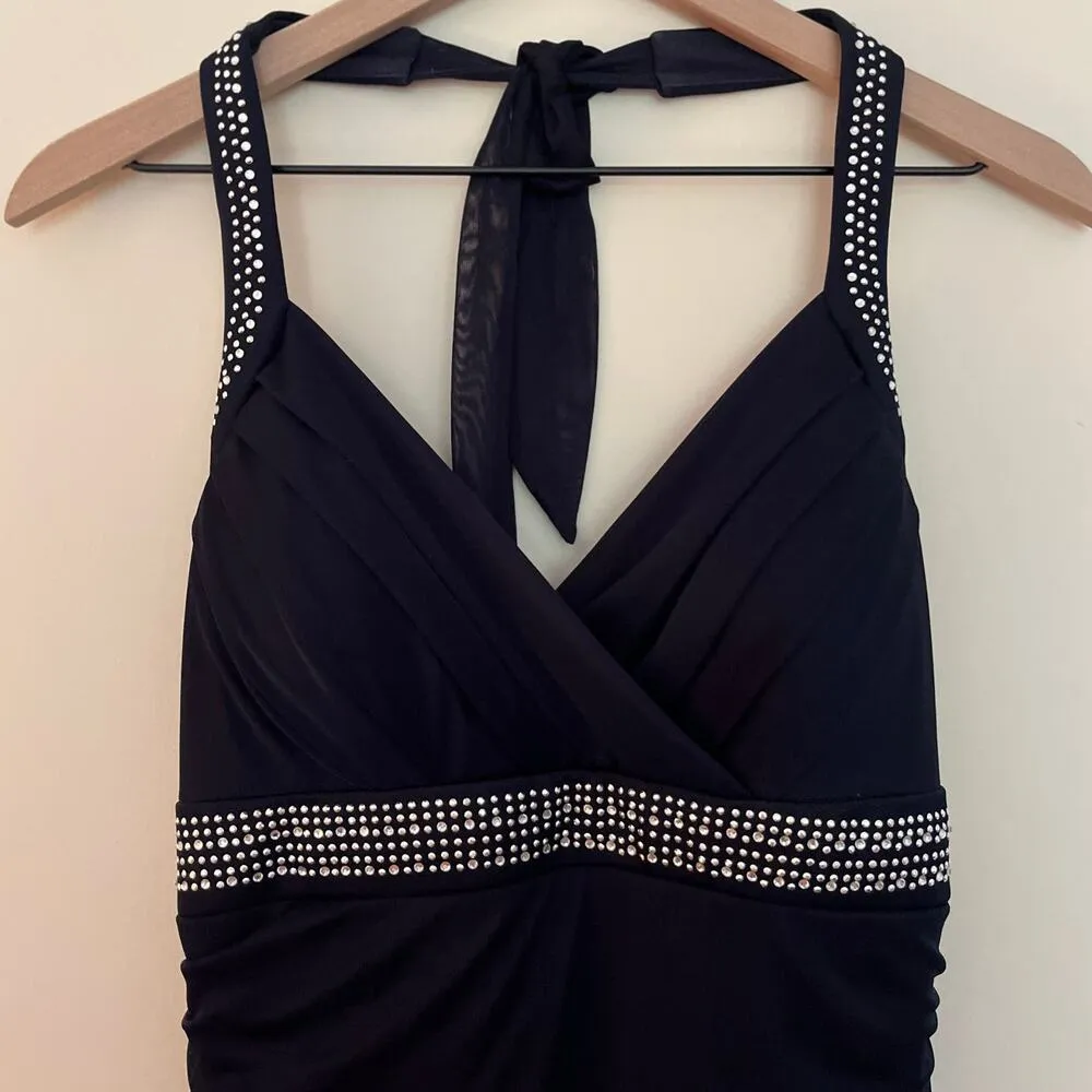 Vintage 90s Trixxi Halter Neck Ruched Midi Prom Dress Black Silver Rhinestone XL - Image 5