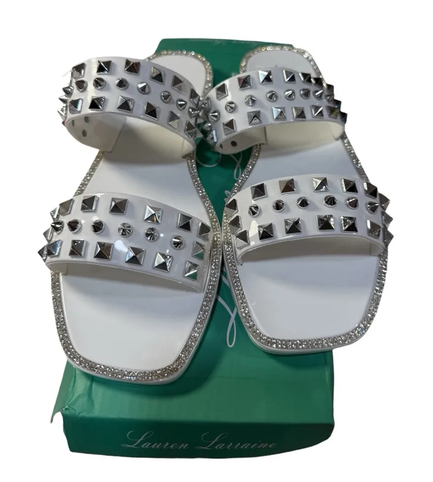 Lauren Lorraine “Studley” White Studded Rhinestone Slide Sandals – Size 6.5 NWT - Image 1