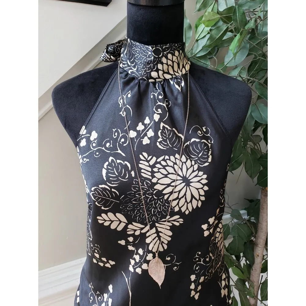 Voice Tank Top Womens XL Black Floral Sleeveless Keyhole Ruffle Trim Halter Neck - Image 3