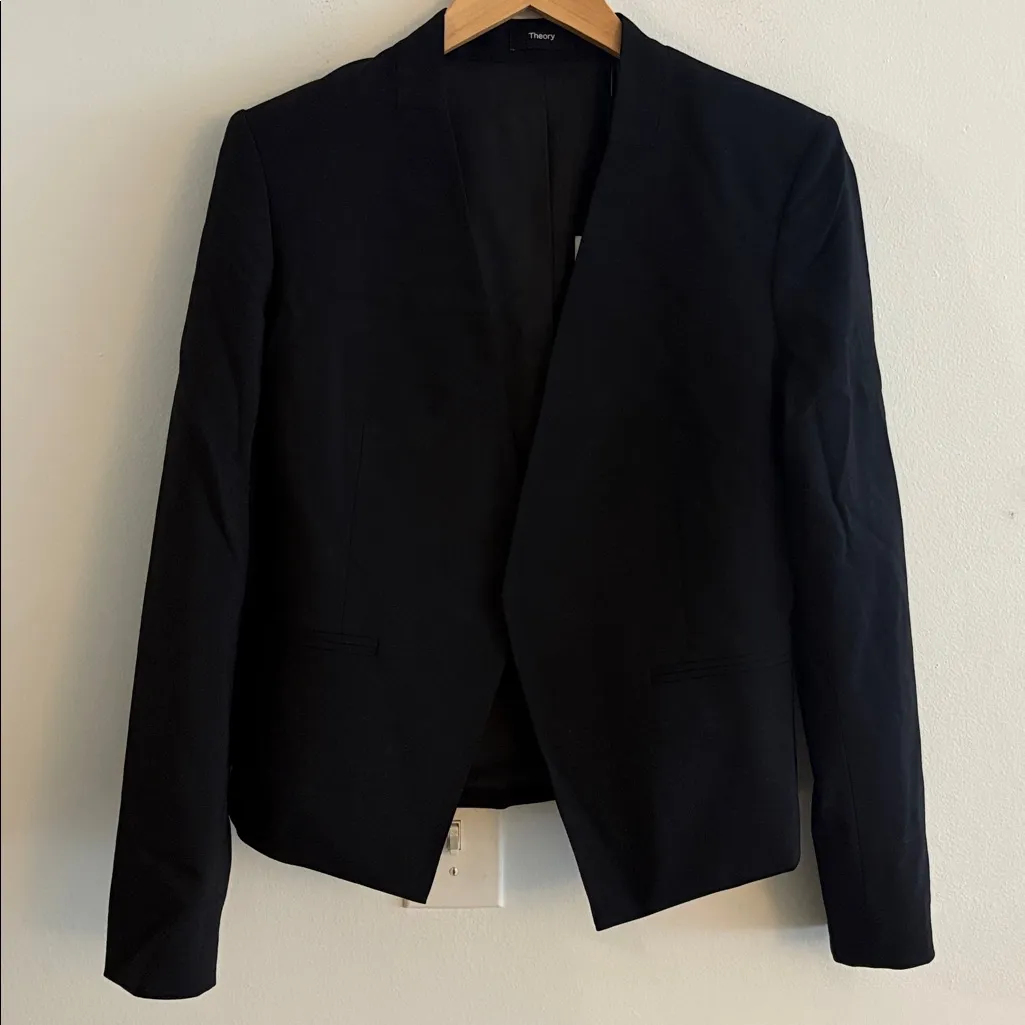 New Theory Lanai Stretch Wool Open Blazer Jacket Size 10 Black NWT - Image 2