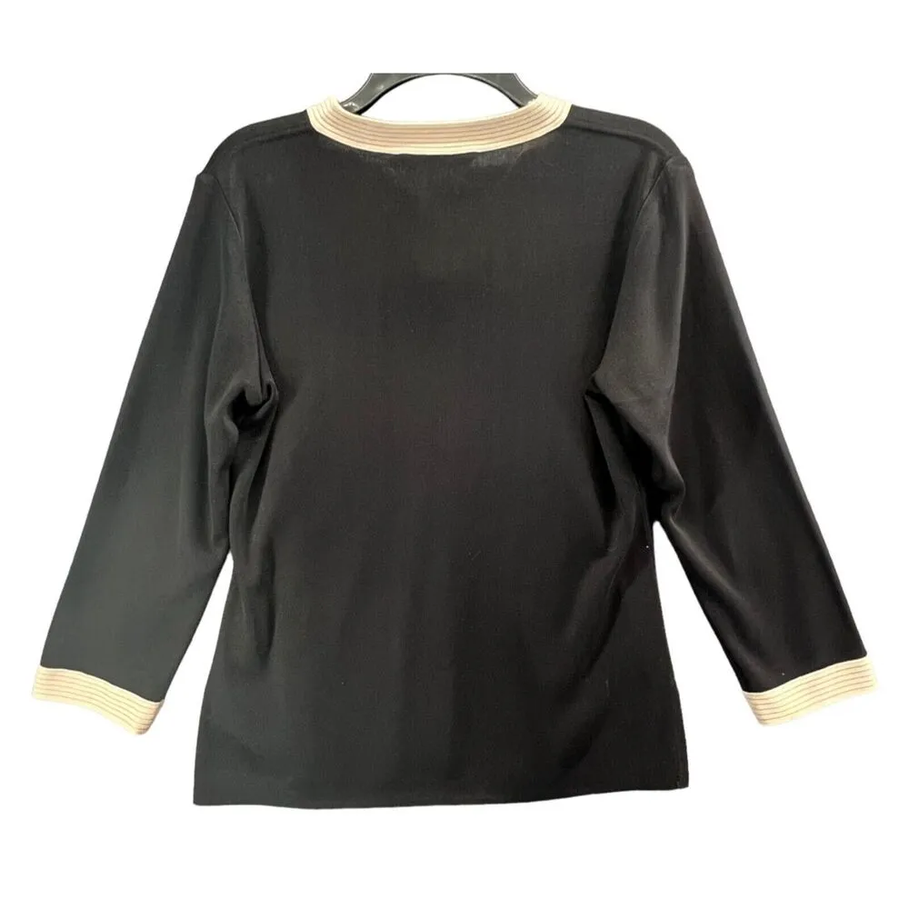 Misook Knit Top S Petite Black Cream Classic Blouse Career Minimalist Luxury Vtg - Image 2