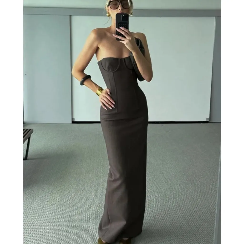 Helsa The Linear Suiting Dress in Dark Olive Medium New Womens Maxi Column Gown - Image 11