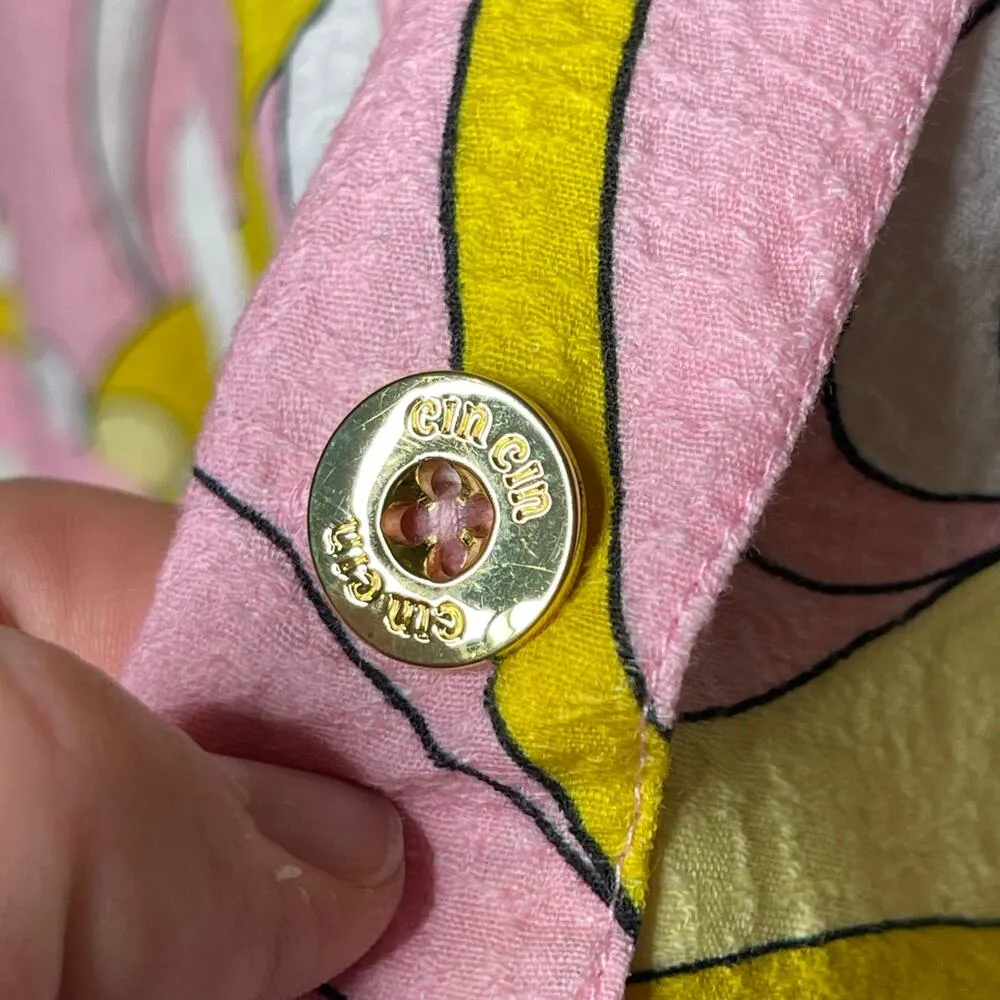 Cin Cin Troppo Pink Yellow button front relaxed oversized Top in Cirque sz L Size L - Image 8