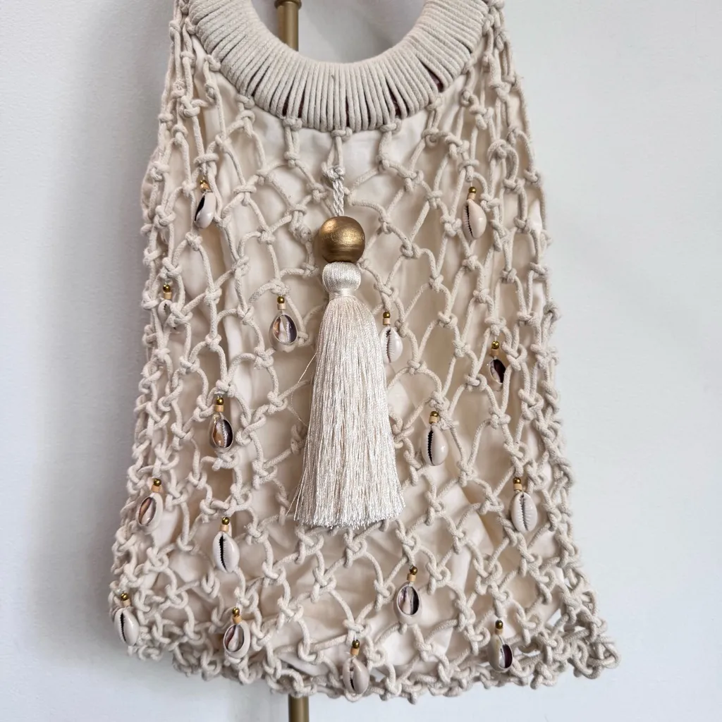 Anthropologie Shiraleah Macrame Handbag Fringe Tassel Beachy Coastal Wood Handle - Image 2