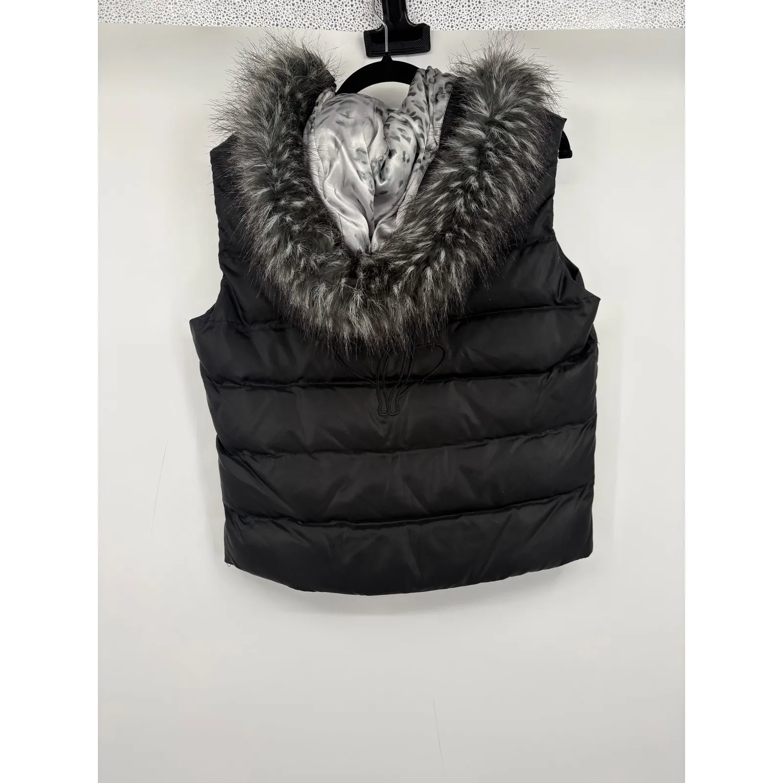 Baby Phat Quilted Puffer Vest Hooded Faux Fur Trim Leopard Lined Black M - Image 7