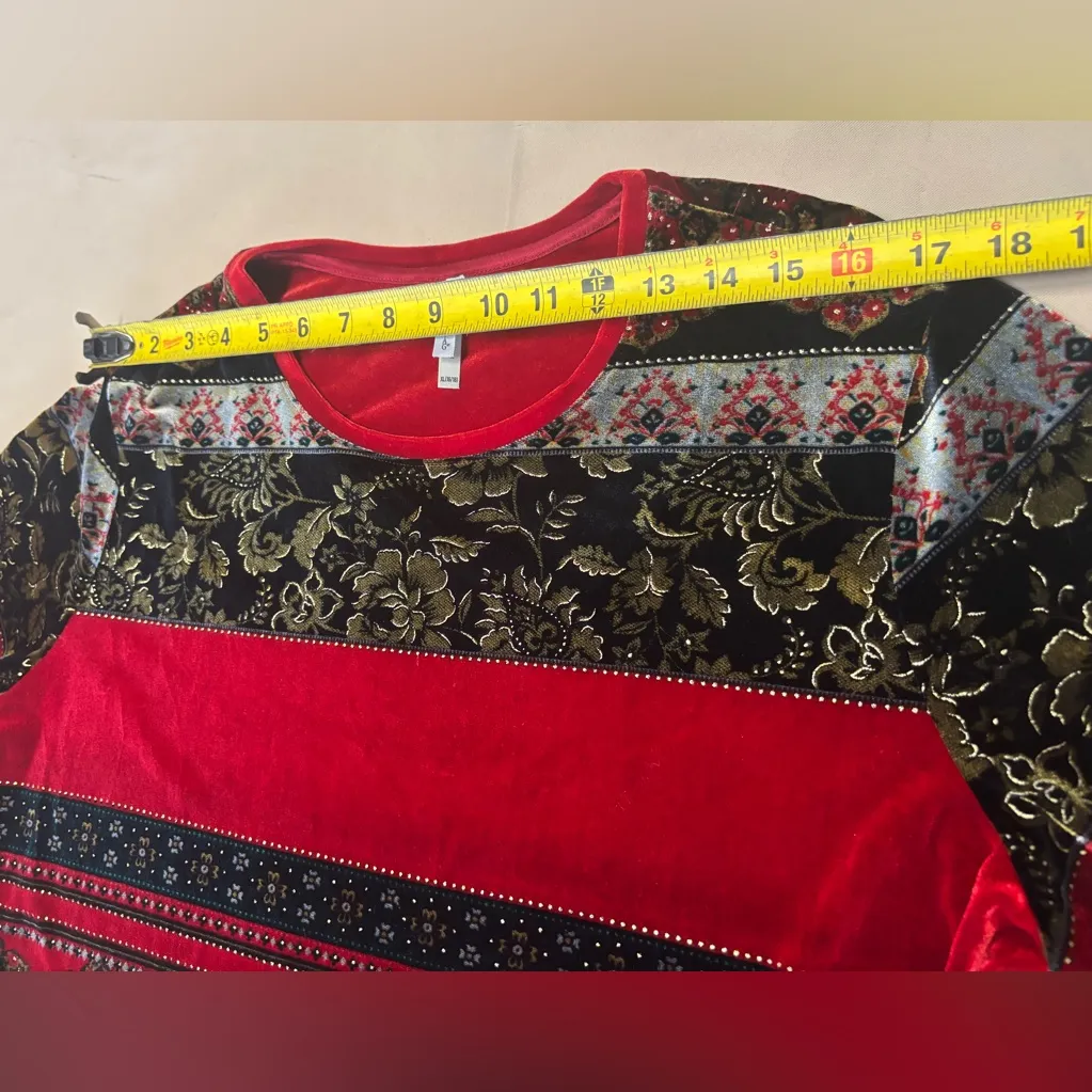 White Stag Red and Black Velvet‎ Floral Patterned Blouse Long Sleeve - Image 7