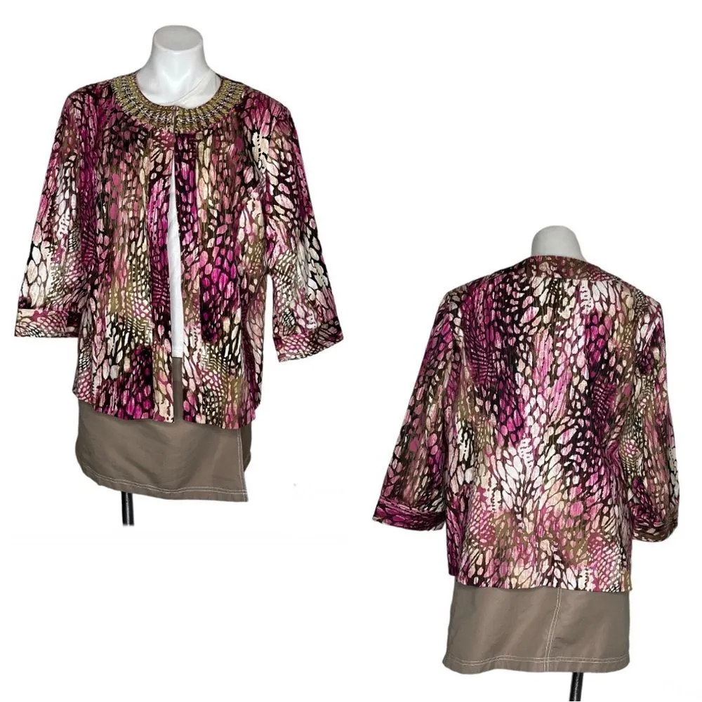 CHICOS ADDITIONS Pastel Animal Prints Open Jacket Sequin Collar Size 3 XL - Image 11
