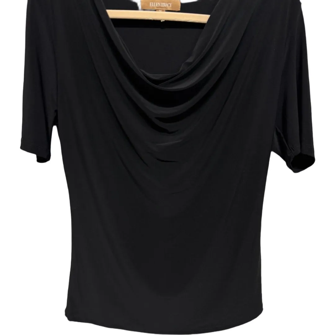 Ellen Tracy Black Short Sleeve Boat Neck Blouse Size Medium Dressy Formal - Image 3