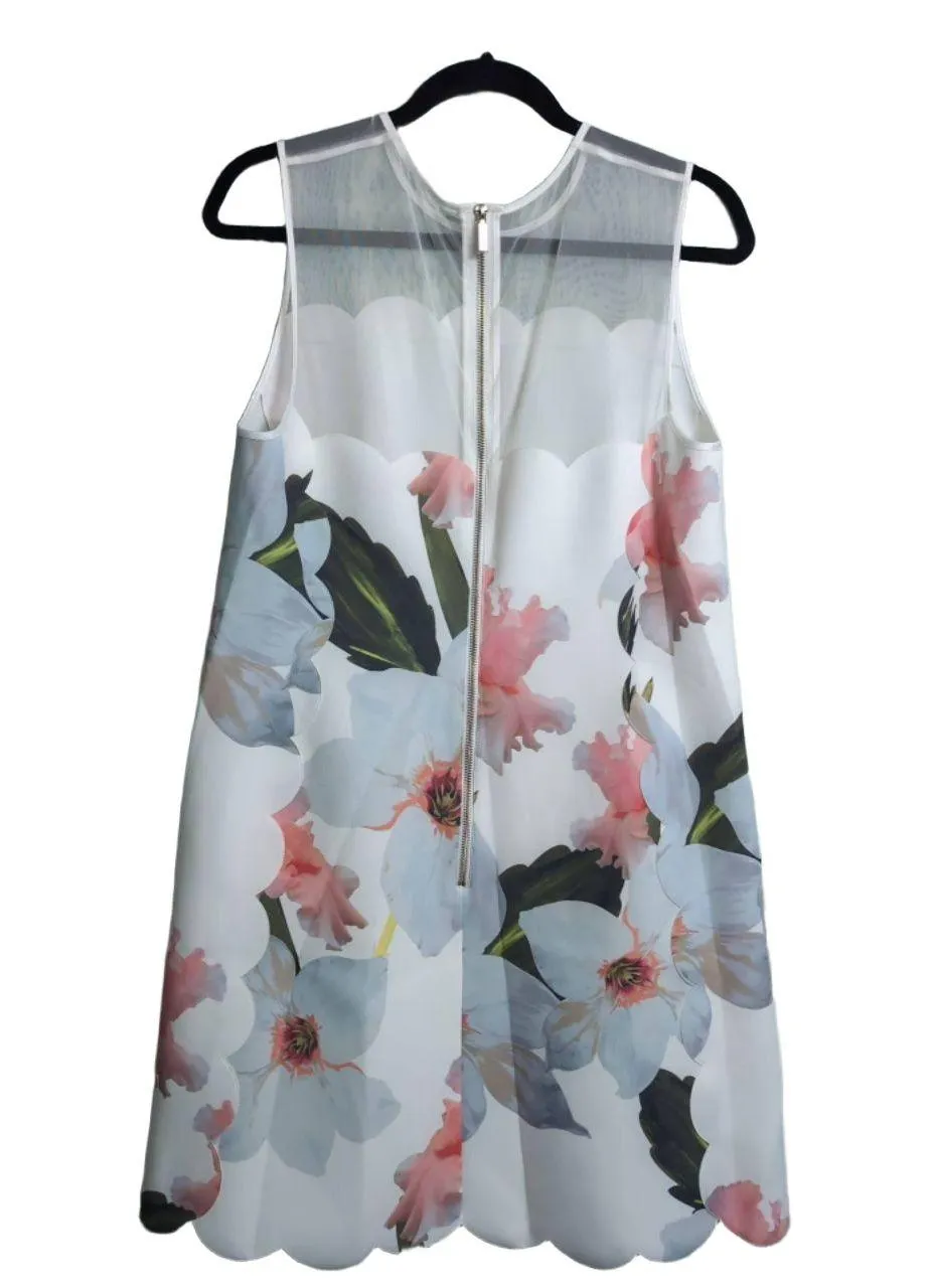 TED BAKER Caprila Bloom Scalloped Dress White Pink Blue Floral A Line Shift 4 (U - Image 3