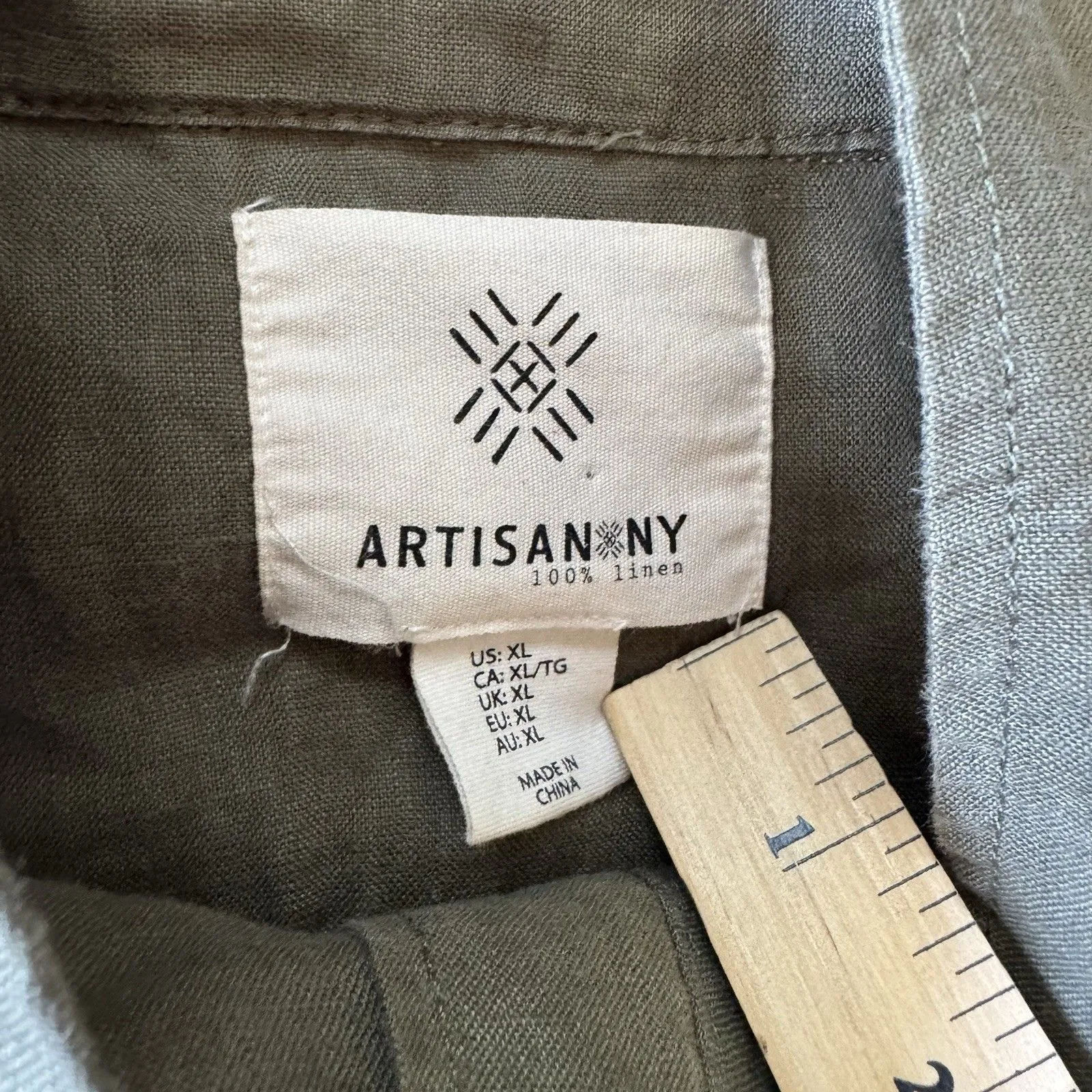 Artisan NY 100% Linen Green Utility Jacket Zip Pocket Military Women XL Shacket - Image 3