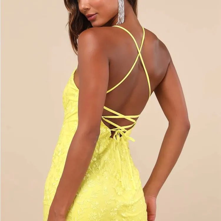 Lulus Lively Sweetheart Yellow Mesh Embroidered Lace-Up Mini Dress SIZE M - Image 2