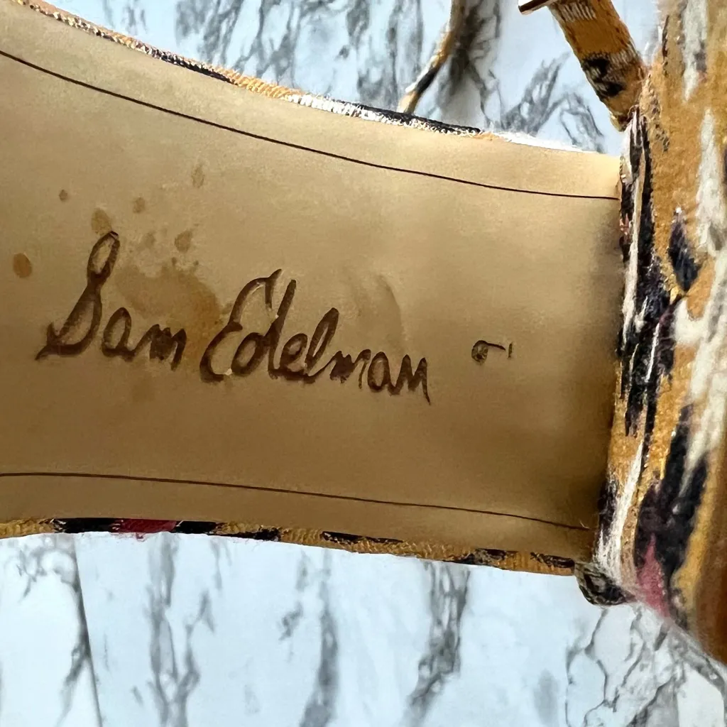Sam Edelman Yaro Sandals Floral Jacquard Yellow Ankle Strap Block High Heels 9 - Image 11
