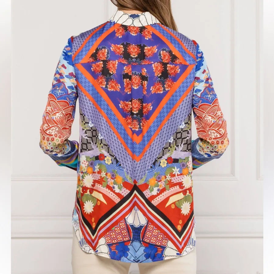 Pinko Casper Button Down Blouse size 2 Red Blue Print Long Sleeve - Image 2