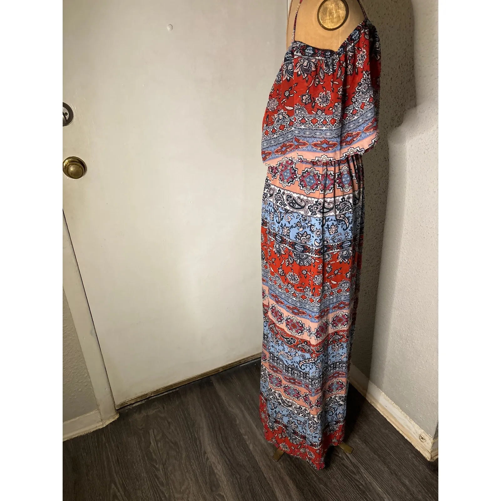 Leslie Fay Mixed Print Cold Shoulder Maxi Dress 6 Dopamine Bohemian Coconut Girl - Image 4