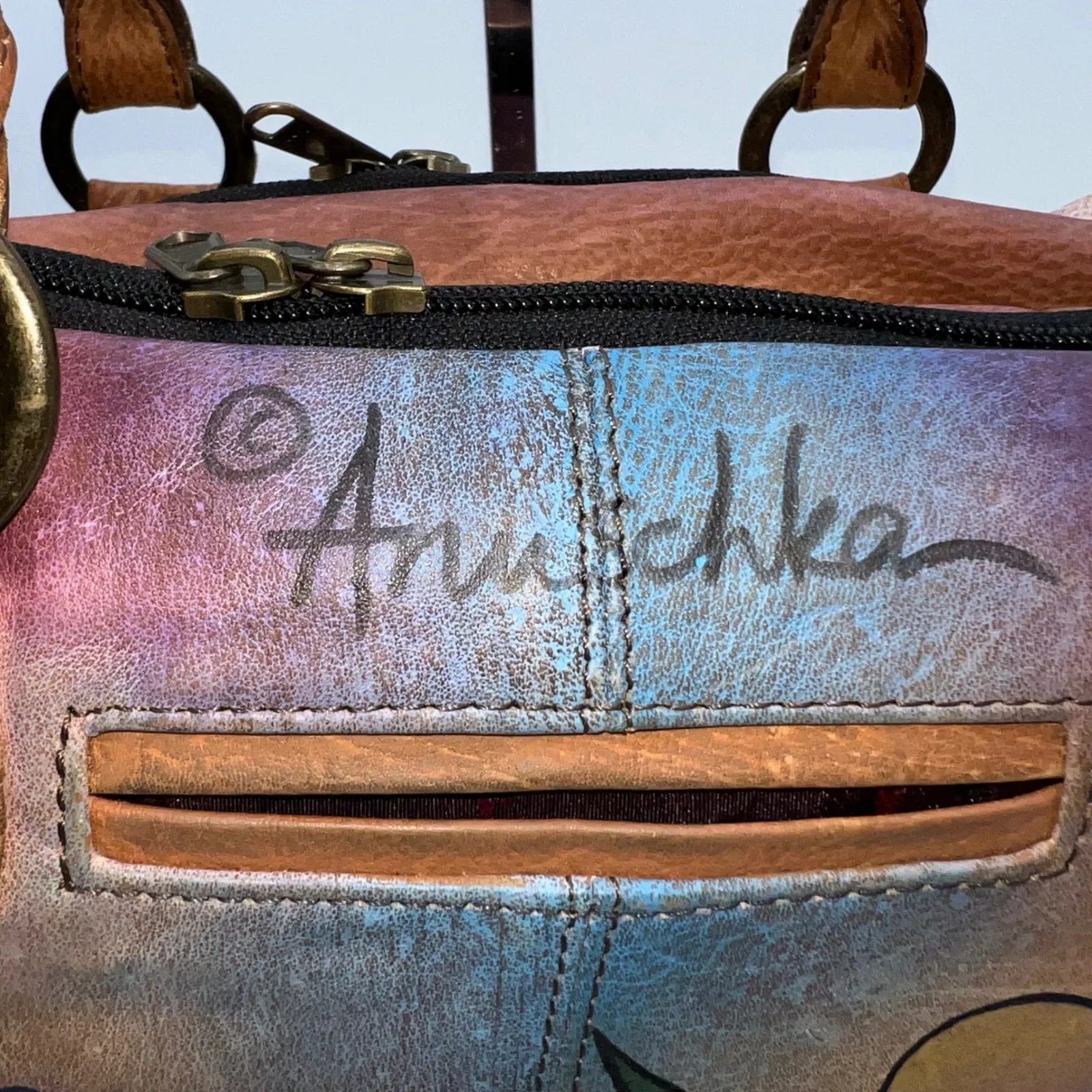 Anuschka Hand Painted Leather Satchel Crossbody Bag Floral Design Colorful - Image 4