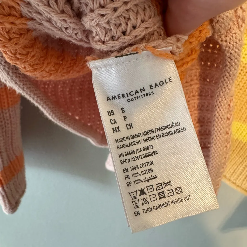 American Eagle Striped Yellow and Orange V Neck Sweater - Image 5