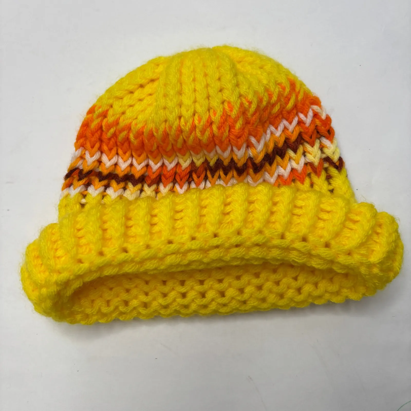 Vintage 70s Bright Yellow Orange Striped Hand Knit Crochet Beanie Winter Hat VTG - Image 5