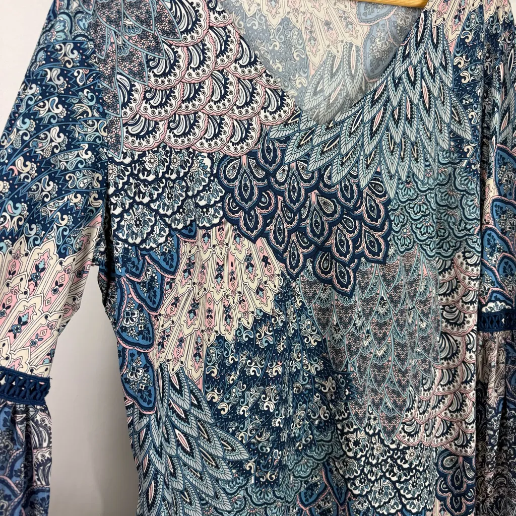 Westport Paisley Print Blue Balloon Sleeve Dress Size XL - Image 6