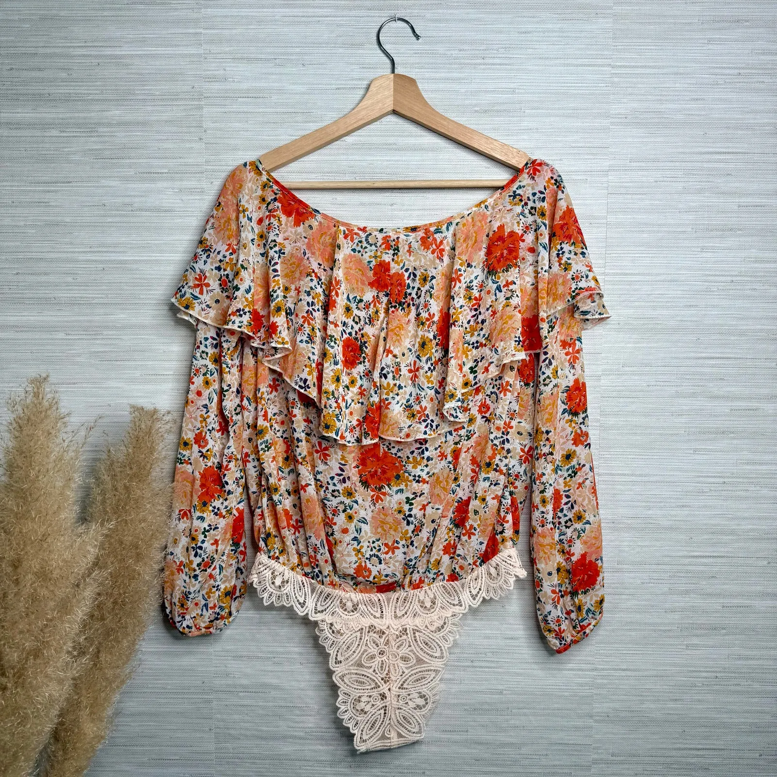 Free People bodysuit floral ruffled long sleeve bell sleeve polka dot chiffon XS - Image 6