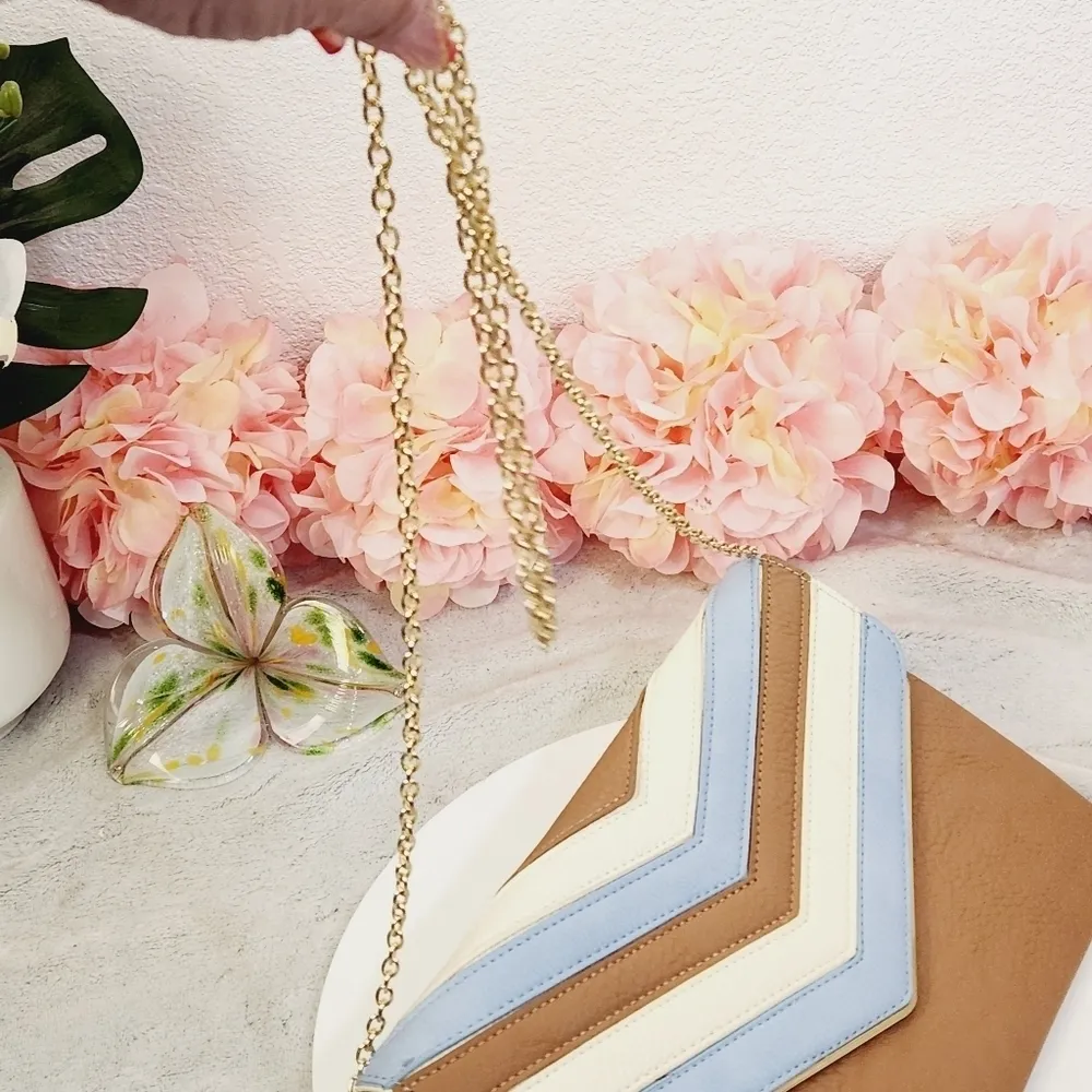 Charming Charlie Envelope Clutch Detachable Gold Chain Tan & Baby Blue - Image 5