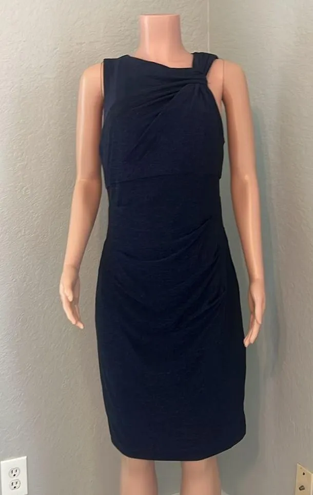 Adrianna Papell Crushed blue METALLIC JERSEY SHEATH Side Ruched DRESS Sz 12 #185 - Image 2