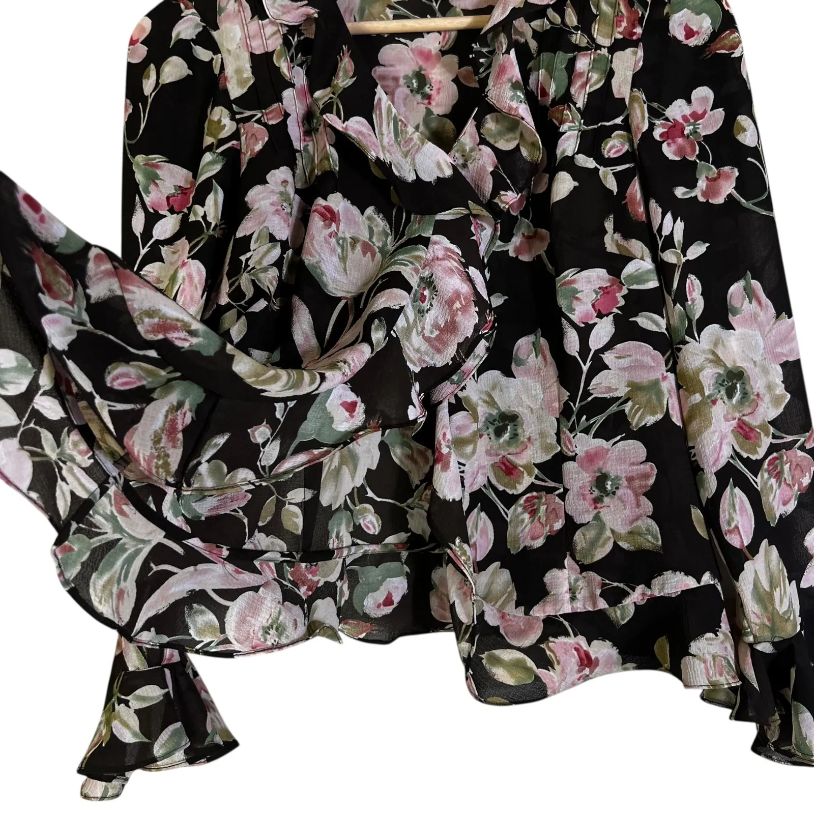 Emma James Petite Black Floral Ruffle Neck Long Sleeve Blouse Women's Size 6 - Image 3