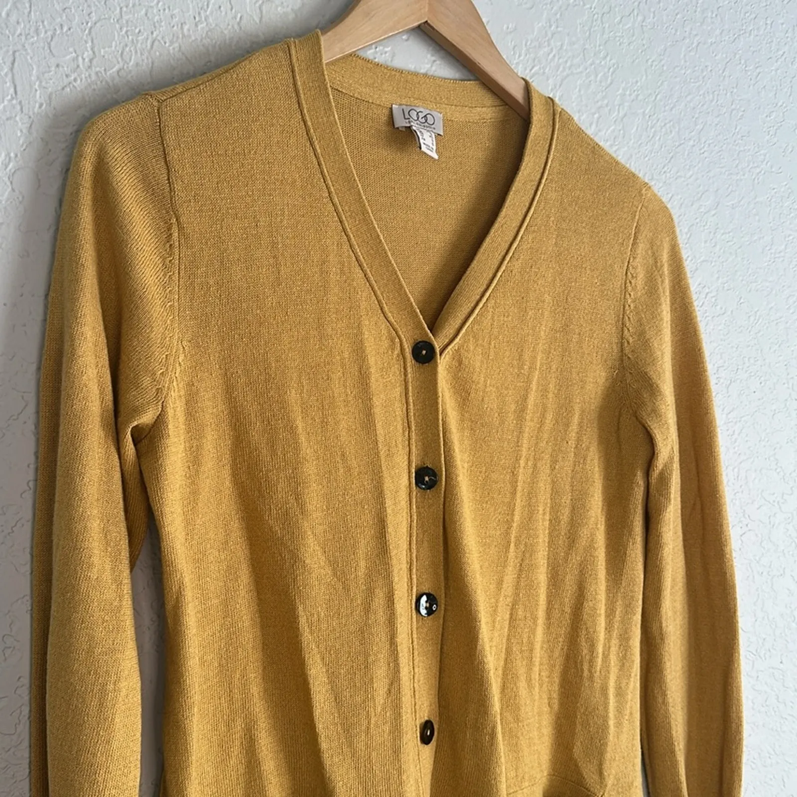 LOGO Lori Goldstein Cardigan Sweater Lace Trim Cottage Mustard Gold Pockets Fall - Image 6
