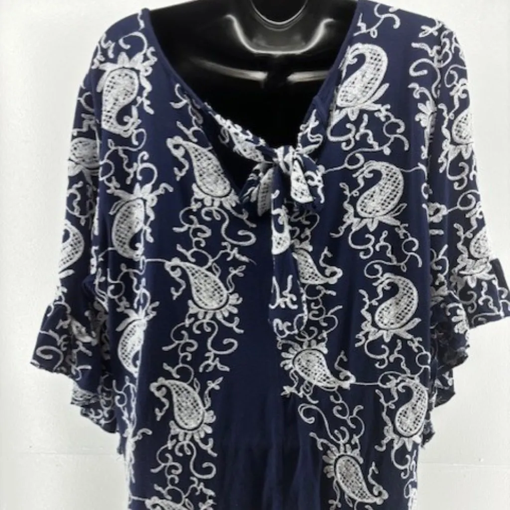 Forgotten Grace Navy White Paisley Trumpet Sleeve Embroidered Tunic Career 1X - Image 3