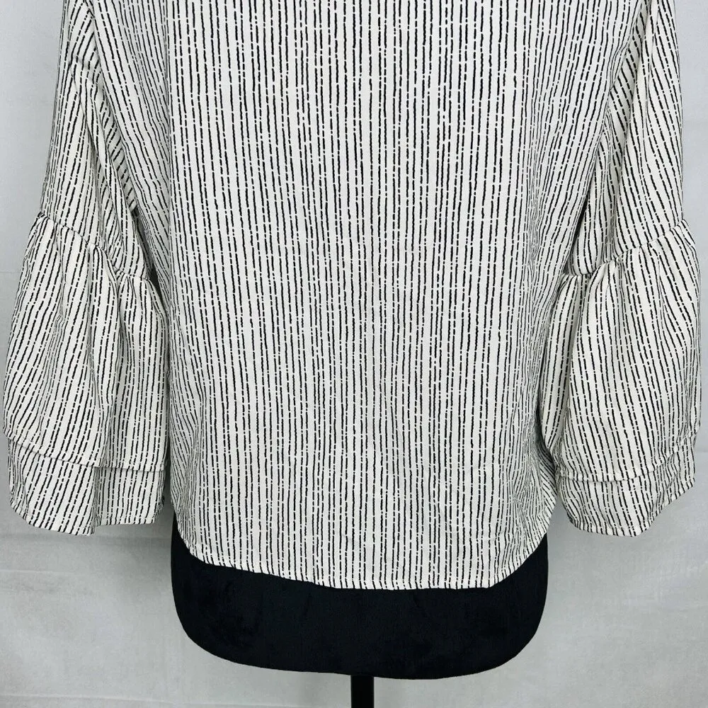 Fab'rik Size M Blouse Top Front Tie Knot V-Neck Cream Black Bell Sleeve - Image 11