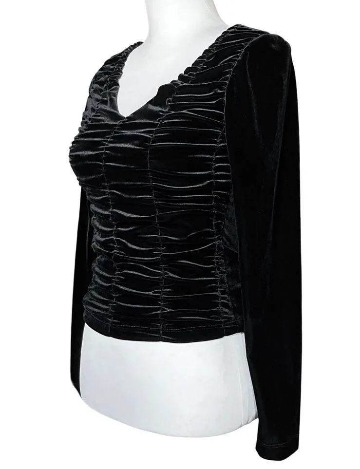 Vintage 80s 90s Black Velvet Gothic Ruched Going Out Top XS Whimsigoth Punk Goth - Image 2