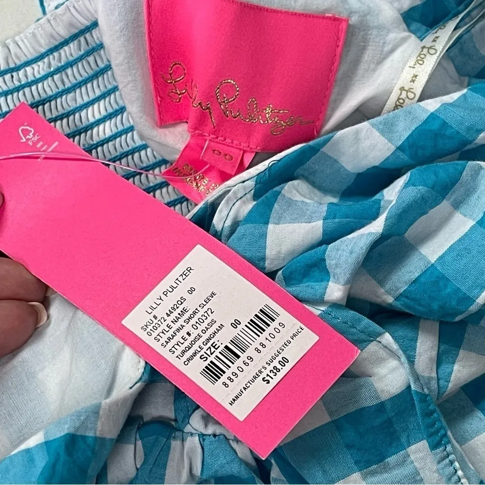 LILLY Pulitzer Sarafina Gingham Babydoll Cotton blend Top Blouse White blue  00 - Image 7