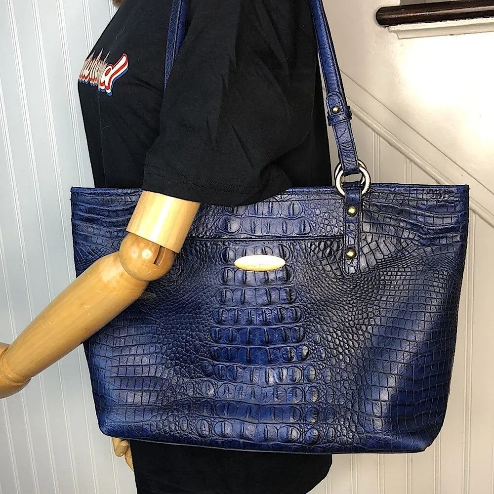 BRAHMIN Blue Crocodile Leather Top Zipper Closure Shoulder Bag - Image 2