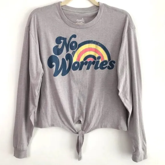 New No Worries Rainbow Tie Hem Cropped Tee Graphic Long Sleeve T-Shirt Grey - Image 5