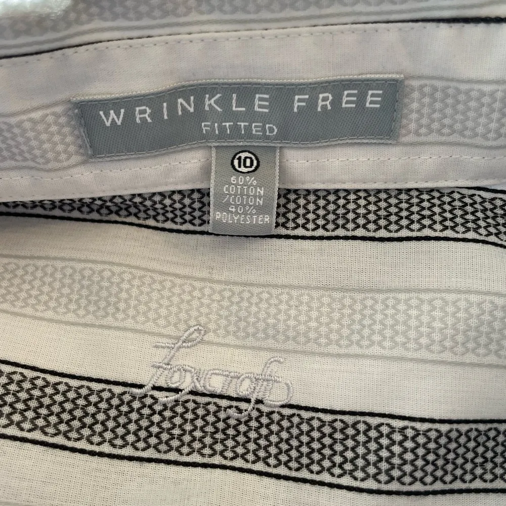 Foxcroft Wrinkle Free Fitted Striped Button Blouse  size 10 White Gray & Black - Image 4