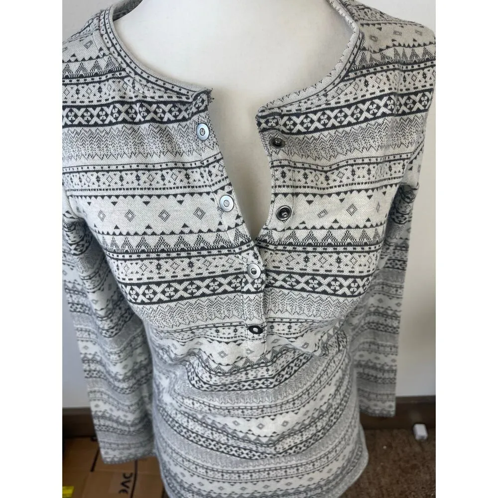 Columbia Fair Isle Long Sleeve 1/4 button Thermal TShirt Gray Western Womens M - Image 2