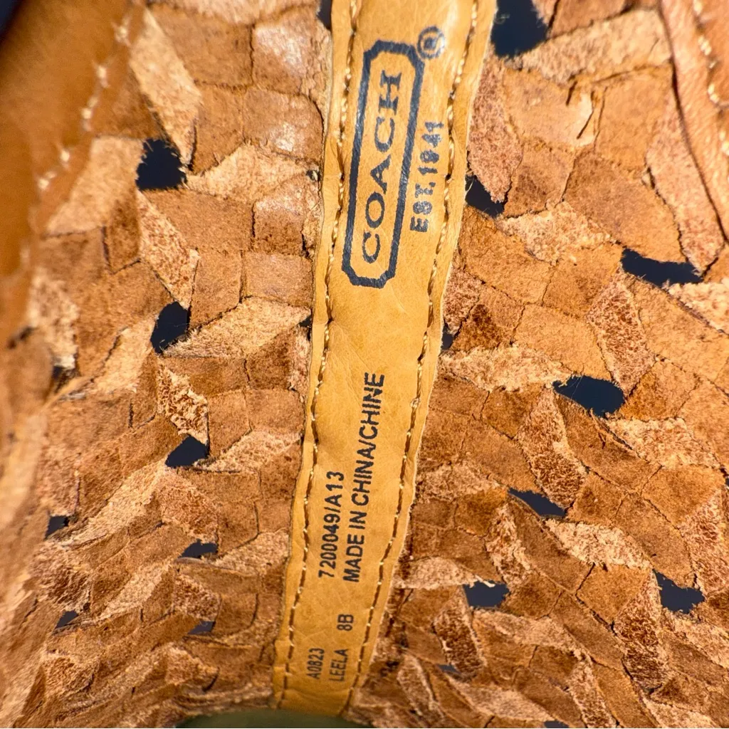 Coach Women’s 8B Tan Gold Woven Leather Peep Toe High Heel Sandals Ankle Strap - Image 6