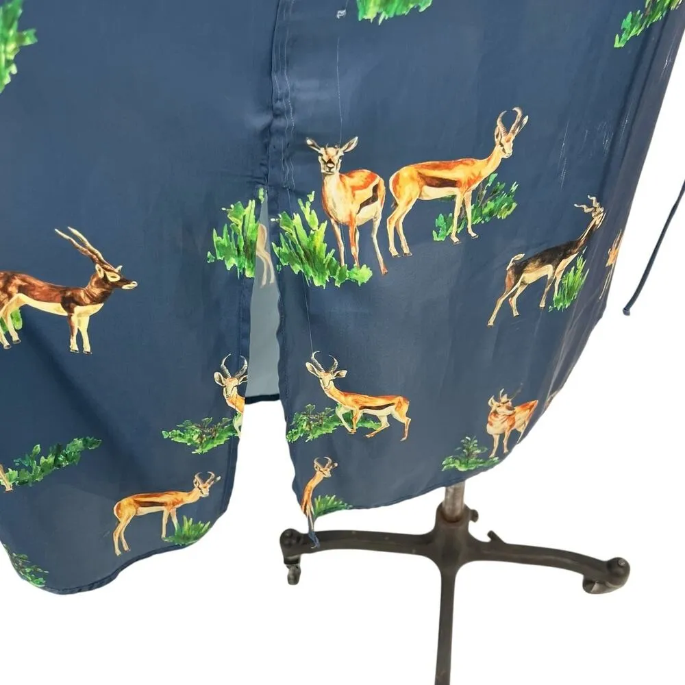 Zara Shirt Dress Deer Print Long Sleeve Midi Satin Blue Size Medium - Image 10