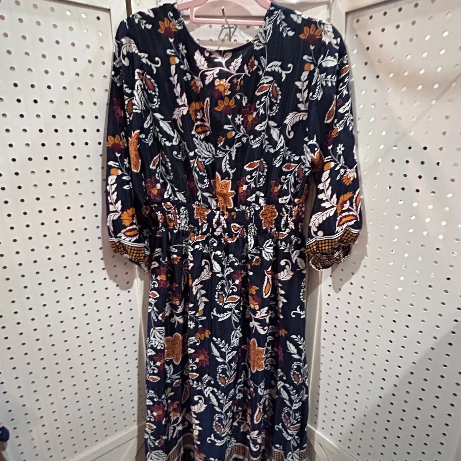 Lapogee Boho Floral Maxi Dress Navy Orange Tassel V Neck Smocked Waist L Black Size L - Image 10