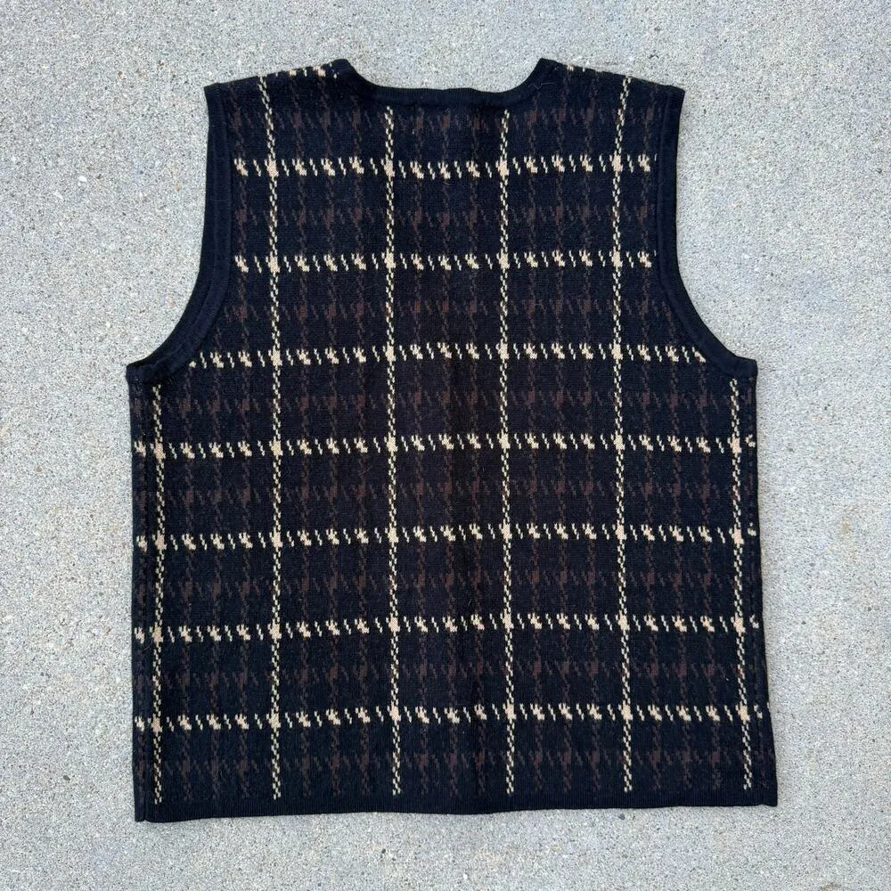 Y2K Croft & Barrow Houndstooth Dark Moody Black Gold Plaid Sweater Vest MEDIUM - Image 7