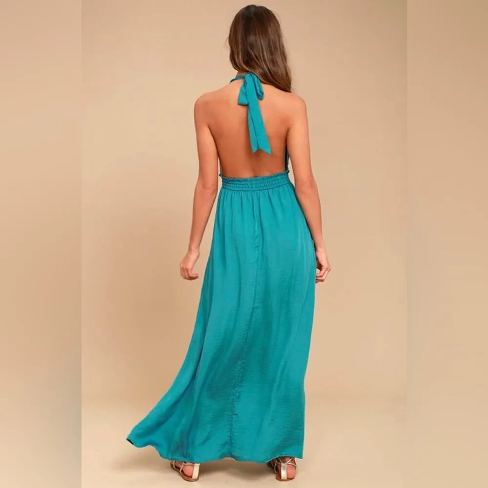 Lulus Unforgettable Night Maxi Dress XS Teal Blue Satin Halter Open Back Beach - Image 15
