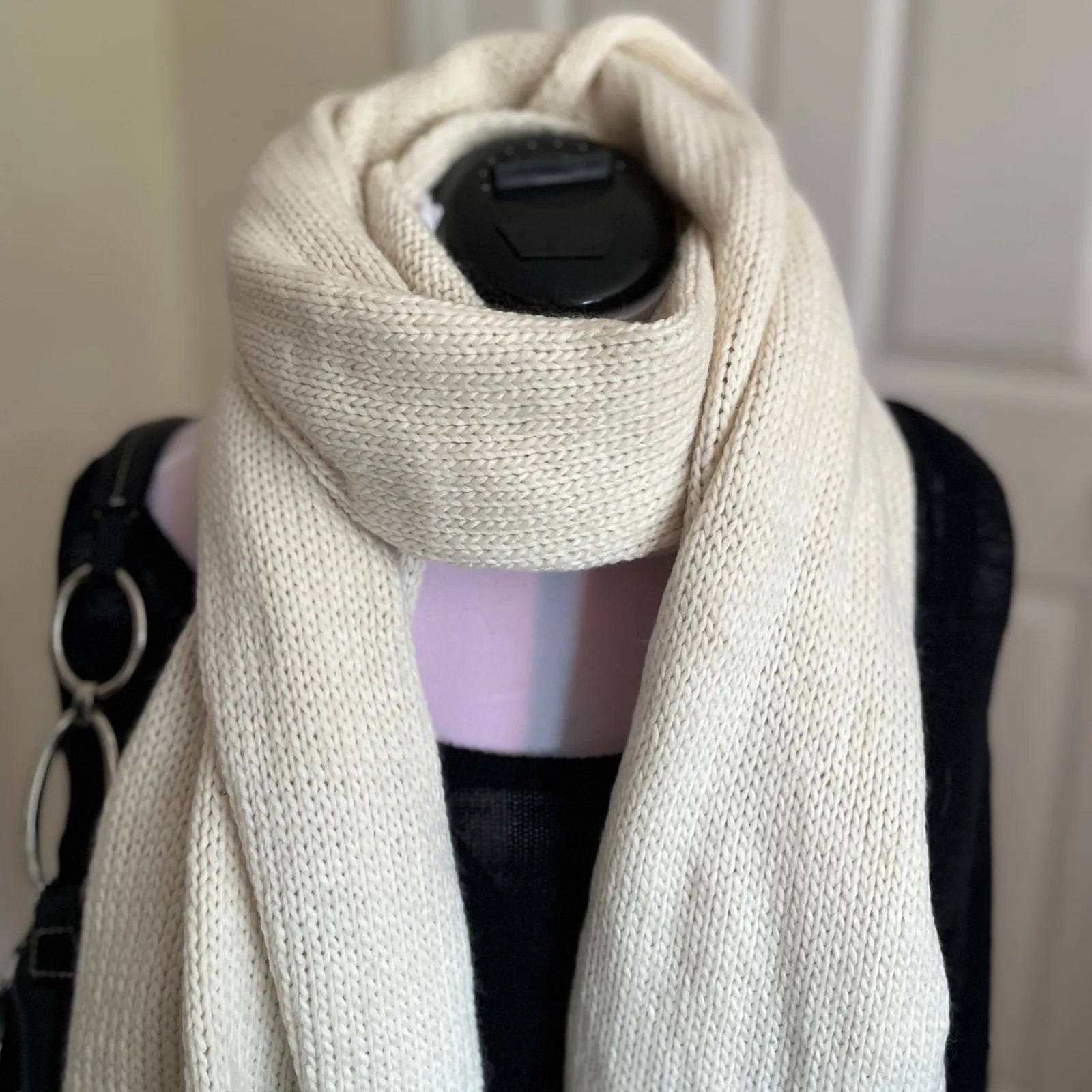 NWT Aerie | White Pom Pom Knit Blanket Scarf | Just Chill Text | 2010s - Image 2