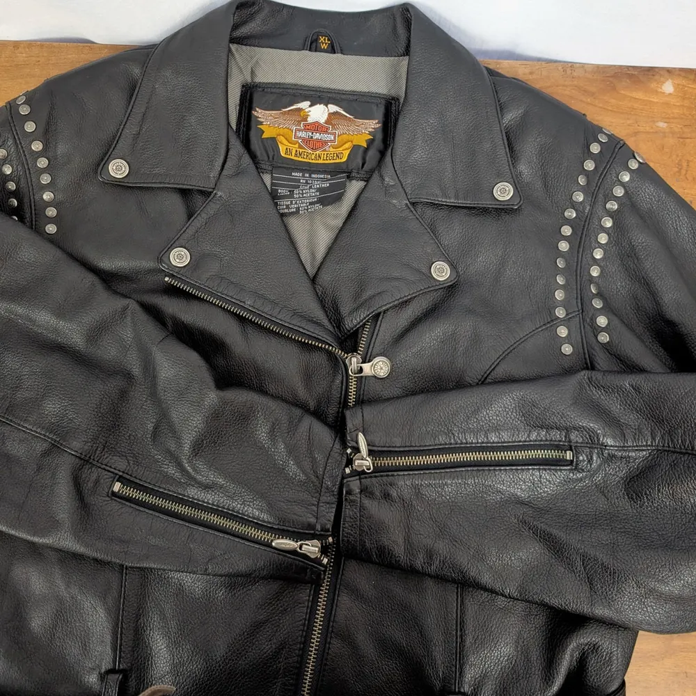 Harley Davidson Studded Black Leather Motorcycle Jacket XL - Image 4