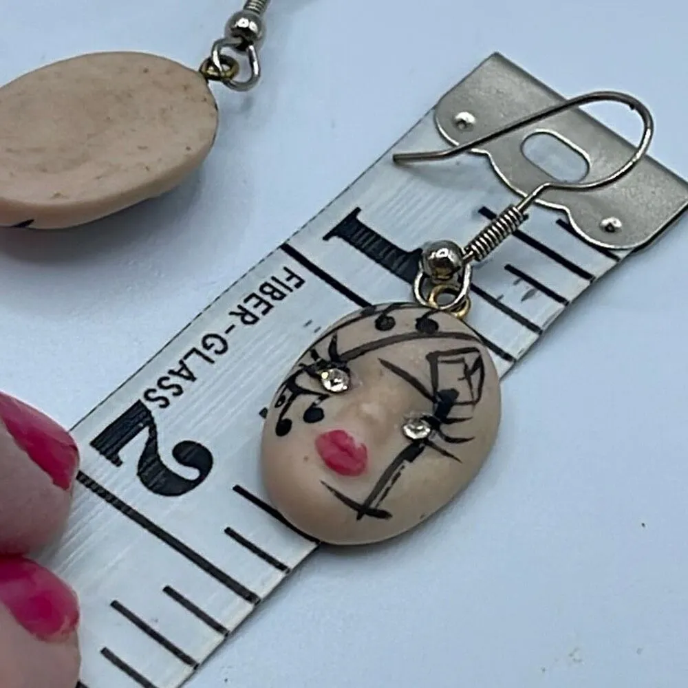 Vintage ceramic dangle drop Music Mardi Gras earrings. Silver - Image 6