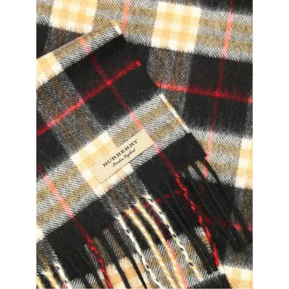Burberry Cashmere Vintage Check Black Striped Logo Fringed Scarf - Image 2