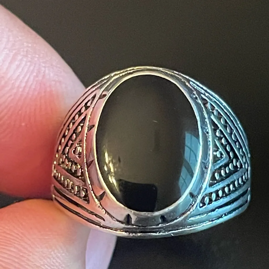 Natural oval black obsidian S925 silver ring size 10.25 - Image 6