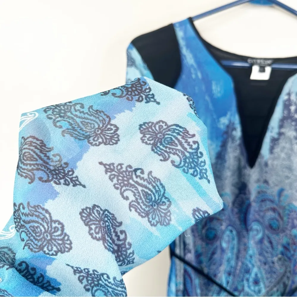 CITRON Silk Blouse Womens Large Handkerchief Hem Blue Flowy Long Sleeves - Image 5